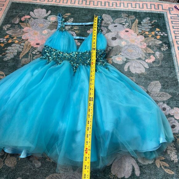 Sherri Hill Dress sz 4 Turquoise blue Sequins V Neck Mini Tulle Open Back Short - Picture 16 of 16